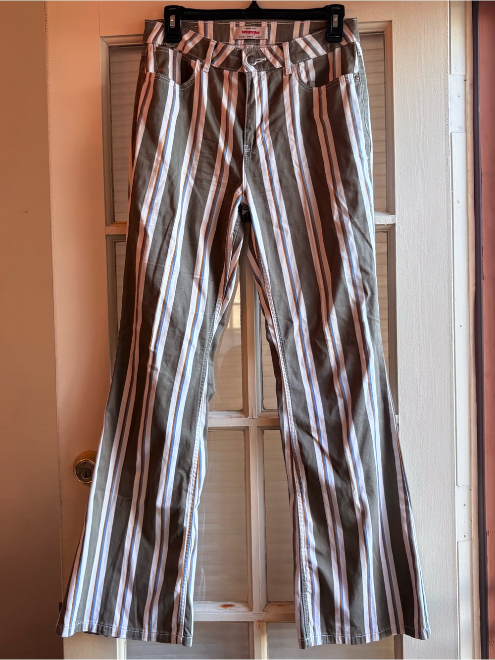 Women’s Wrangler Pants w/ Green, Brown & White Striped Pattern, Bootcut (Sz. 4)